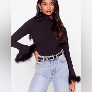 Nasty Gal Black Black Turtleneck with Feather Sleeves